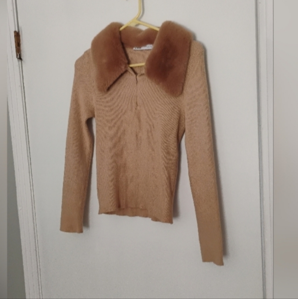 Zara Faux Fur Lapel Collar Zip Pullover Sweater Sz XL